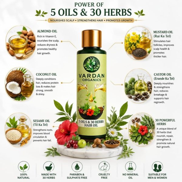 Vardan Organics 5 Oils Ayurvedic Hair Oil 30 Herbs Hair Oil for Hair Fall Organic Hair Growth Oil - Ingredients & Details - Vardan Organics