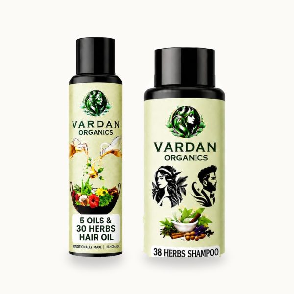 Vardan Organics Hair Care Combo Pack 5 Oils Hair Oil + 38 Herbs Shampoo Trial & Traveling Pack Each - Vardan Organics Ayurvedic Products